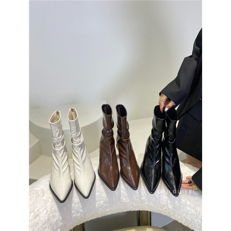 Spring and Autumn Rear Zipper Single Boots Pointed Toe Fashion Boots Korean Patent Leather Thin Low Heel Short Boots Women's Fashionable All-match Thin Boots