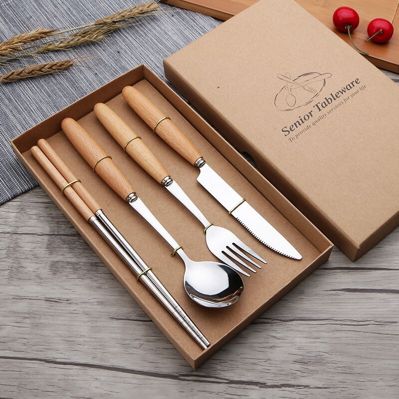 Wooden Handle Cutlery Set, Western-Style Steak Knife and Fork, Stainless Steel Chopsticks and Spoon, Four-Piece Set, Gift Box, Wholesale Gift
