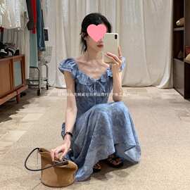 韩系蓝色显白小飞袖印花连衣裙女2025夏季新款显瘦裙子图片色