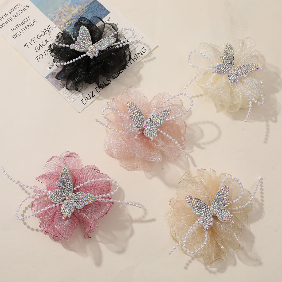 超仙唯美仿珍珠滿鑽蝴蝶網紗花朵diy手工百搭髮夾女髮飾服飾配件