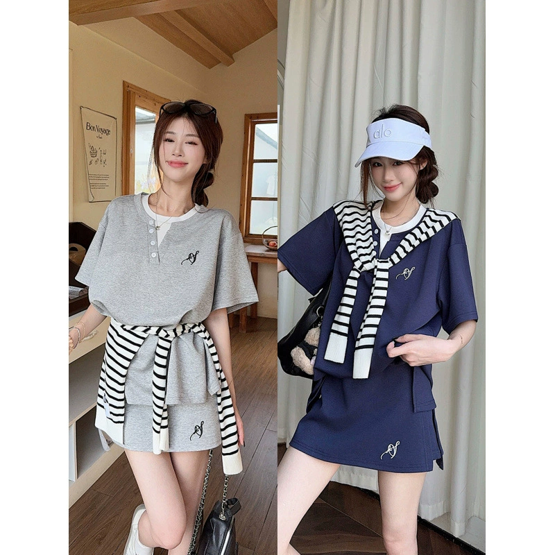 Настоящий шанс по реальной цене ~ Корейский повседневный костюм-шаль для женщин, женская футболка из двух частей в ленивом спортивном стиле, юбка-брюки с высокой талией