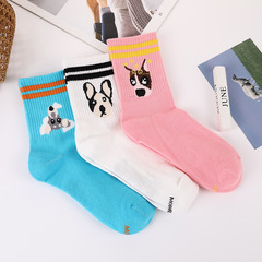 春秋可愛小狗圖案中筒襪學生條紋兩條槓滌棉襪潮流網紅長襪子批發