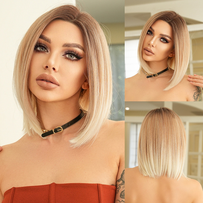 Gradient Gold Bob Front Lace French Bob Wig for Women with Realistic Hair Seam Lace Short Straight Hair Chemical Fiber Wig