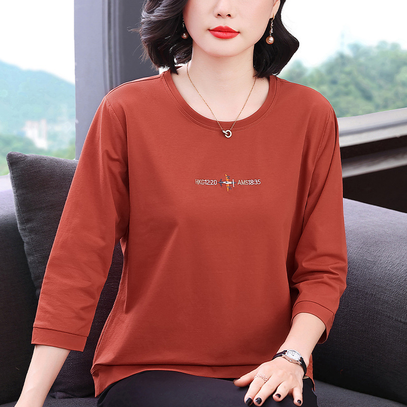 七分袖T恤女洋气刺绣宽松上衣2025新款中年妈妈宽松大码体恤|undefined
