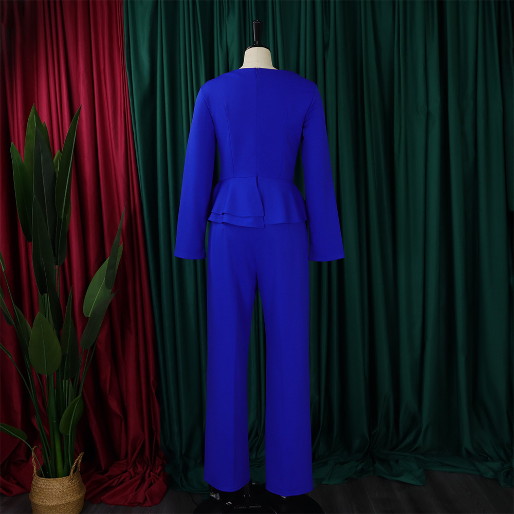 Autumn and winter women's new long-sleeved elegant temperament OL ruffled V-neck tops and pants two-piece set_voghion.com