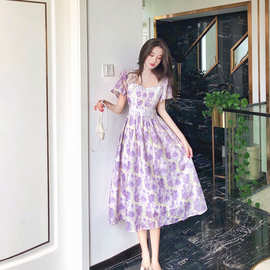 8223欧洲站花裙子平时可穿紫色碎花连衣长裙女夏新款小礼服方领
