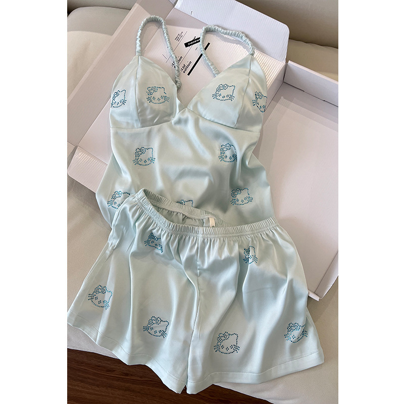Pure Desire かわいいキティホットダイヤモンドパジャマ胸パッド付き女性の夏クールアイスシルクホーム服 2 点セット|undefined