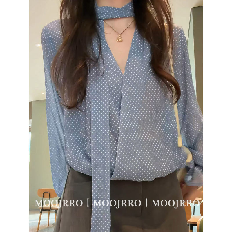 Blue Polka Dot V-Neck Long-Sleeved Shirt for Women, Summer Thin Style, French High-End Style, Waist-Cinching, Slimming, Sun-Protective Cover-Up Top