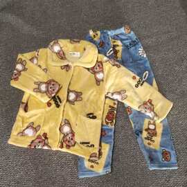 断码儿童秋冬法兰绒睡衣男女童宝宝珊瑚绒套装家居服网眼布天丝