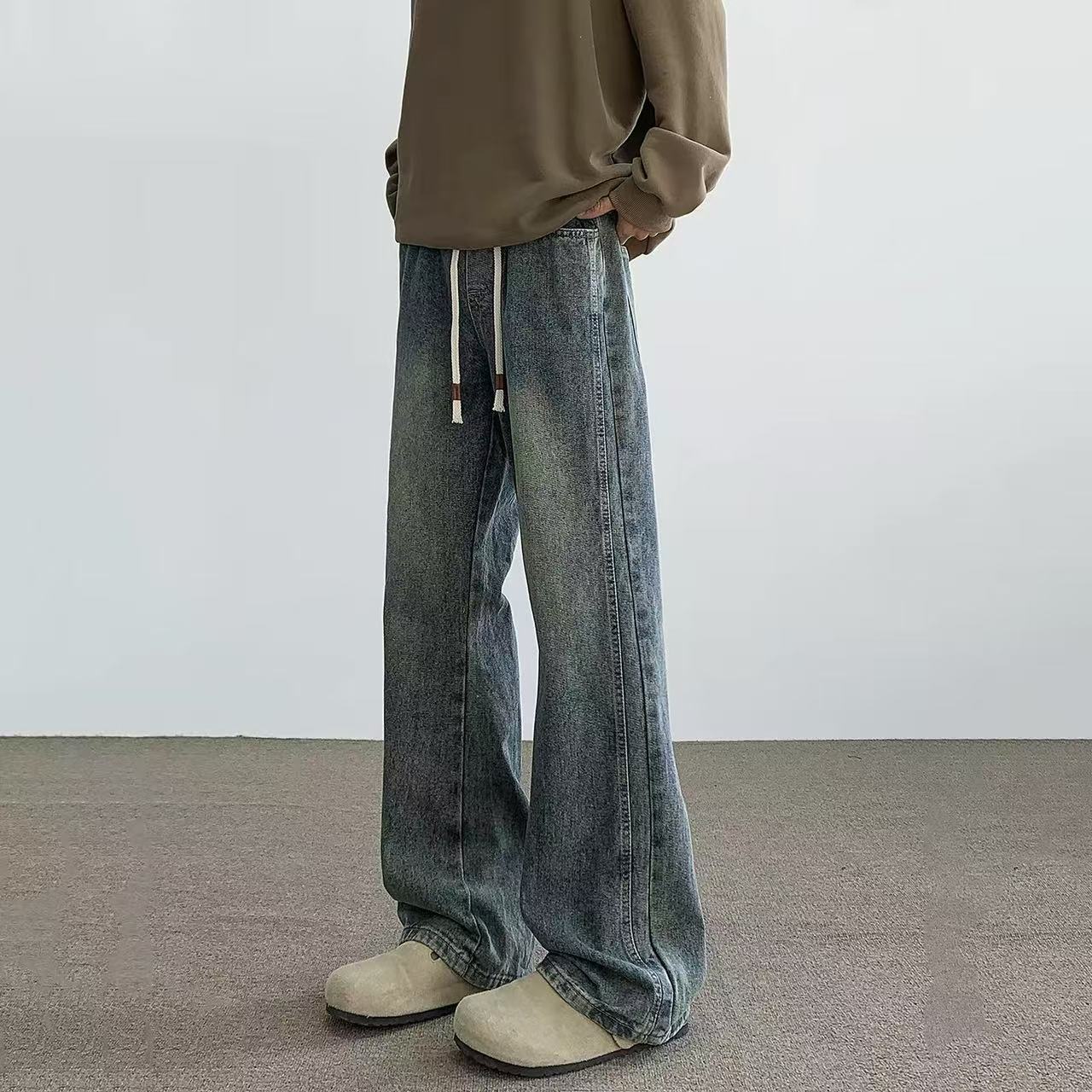 Wide-Leg Drawstring Jeans for Men, Trendy Fashion New Style, Unique Loose Fit, Versatile, Comfortable, Simple, Casual Long Pants