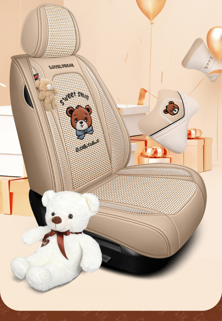 New All-Season Universal Car Seat Cushion, Full-Coverage Seat Cover, Cartoon Cute Linen, High-Grade Goddess Breathable Cotton