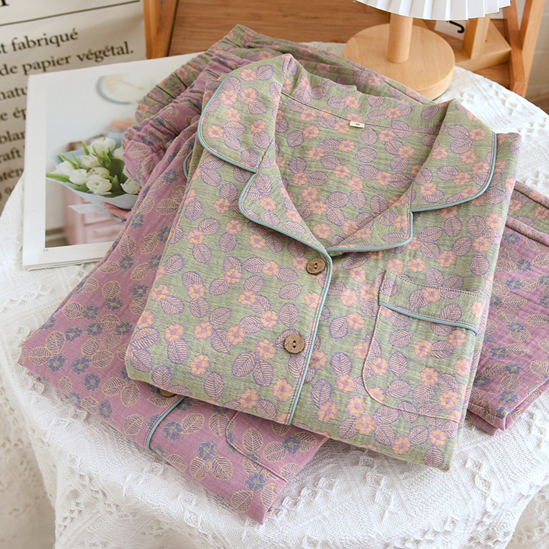 Yarn-dyed women's spring and autumn thin cotton jacquard leaf long sleeve suit underwear home wear loose casual wear wholesale