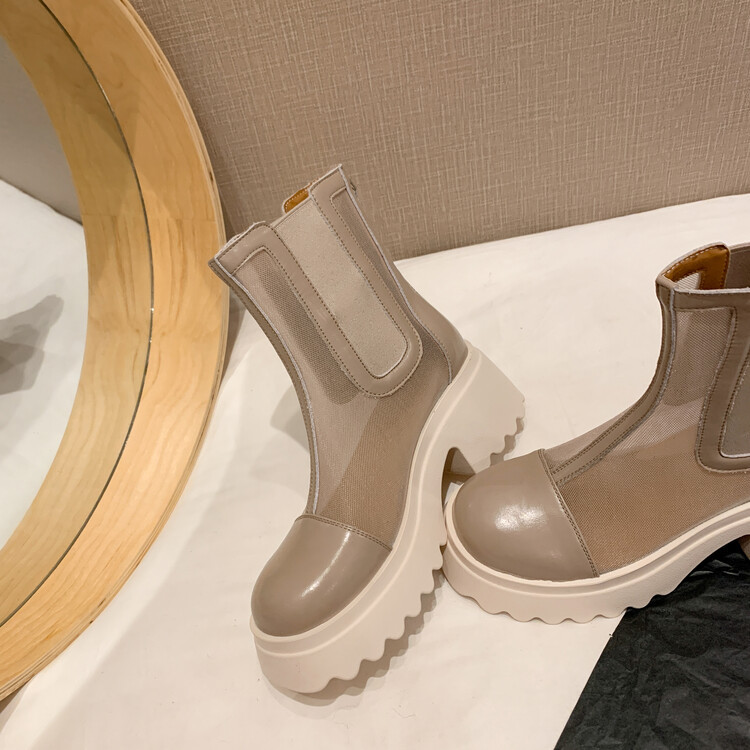 Boot ngắn nữ da bò mũi tròn đế dày thoáng khí khóa kéo sau — Màu đen, Màu mơ chi tiết 120