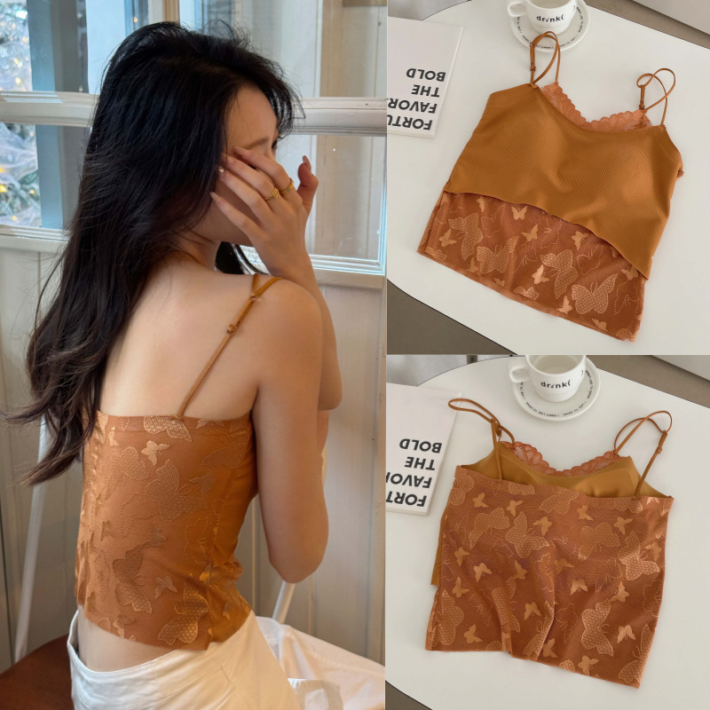 New French-Style Lace Patchwork Camisole with Fixed Cup Pads, Slim Fit, Suitable for Both Inner and Outer Wear, Tube Top