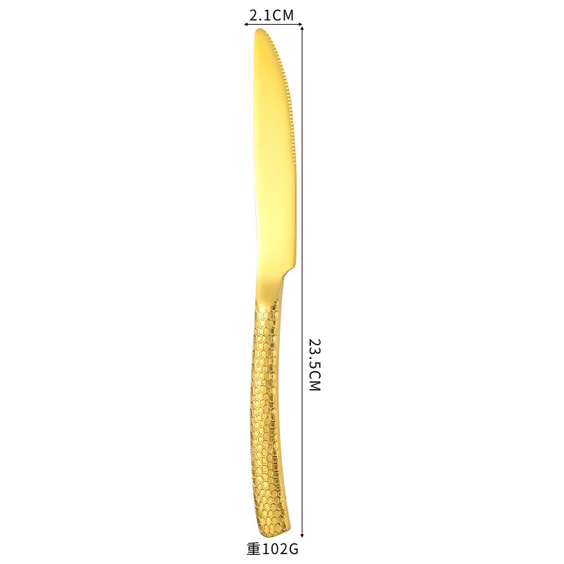 Cross-border de acero inoxidable 430 cuchillo y tenedor con patrón de martillo cuchara de postre piel de serpiente vajilla occidental dorada cubo de agua filete juego de cuchillo y tenedor