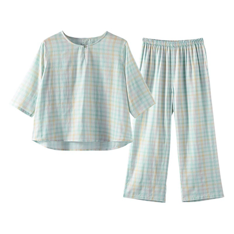 Новинка 2026 года: весенний хлопковый двухслойный муслиновый женский тонкий пижамный комплект с рукавом три четверти, в клетку, для дома, повседневный и комфортный.