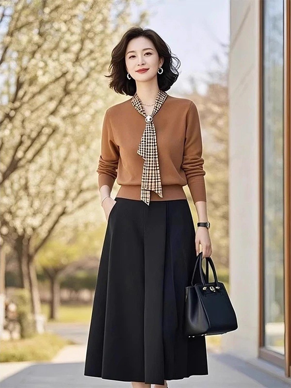 御姐轻熟风大码胖mm巨显瘦棕色针织衫半身裙子2025年新款女装套装|undefined