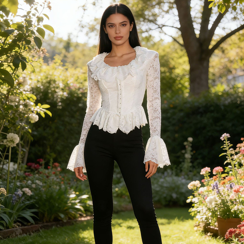 Lace Square-Neck Front Hook-Button Petal-Sleeve Lace Short Top for Women, Vintage Style, Waist-Cinching, Slimming, Versatile Long-Sleeve Blouse