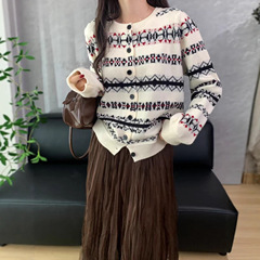 秋冬新款复古费尔岛提花毛衣少女甜美开衫女时尚气质针织长袖上衣