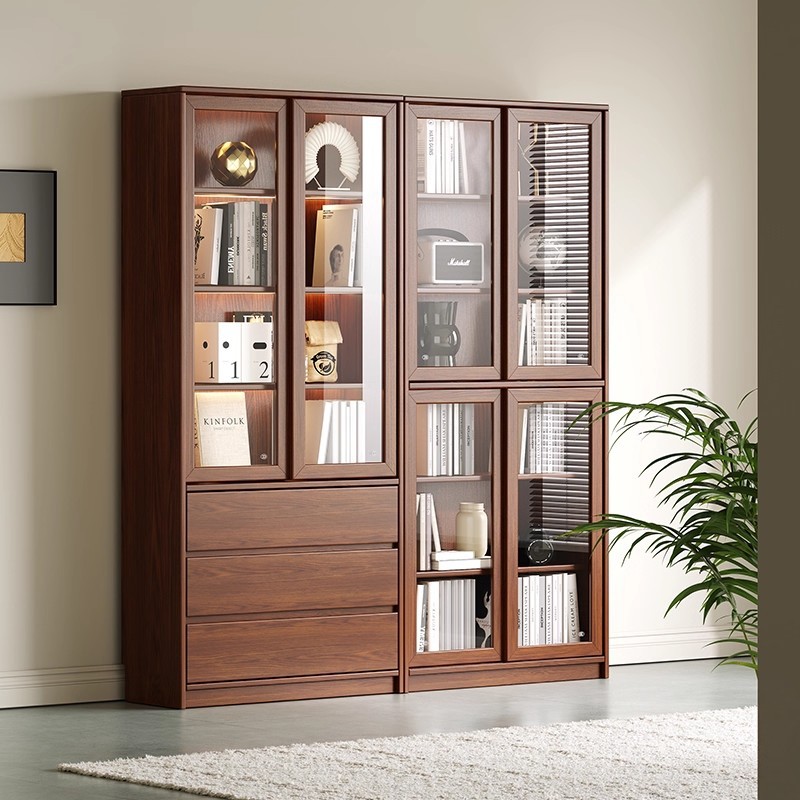 All Solid Wood Oak Walnut Bookcase Sliding Door with Glass Shelf Floor Cabinet Home Bedroom Study Bookshelf