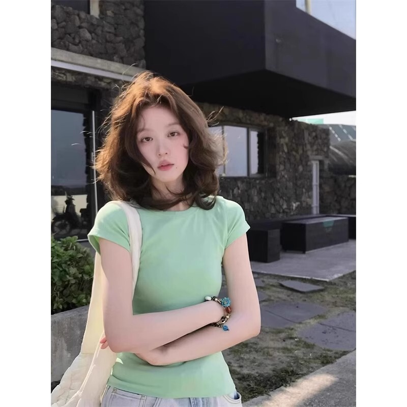 Mambo Style Mint Green Right Shoulder Short-Sleeved T-Shirt for Women Summer Slimming Look Small Pure Cotton Versatile T-Shirt Top Mambo Style Mint Green Right Shoulder Short-Sleeved T-Shirt for Women Summer Slimming Look Small Pure Cotton Versatile T-Shirt Top