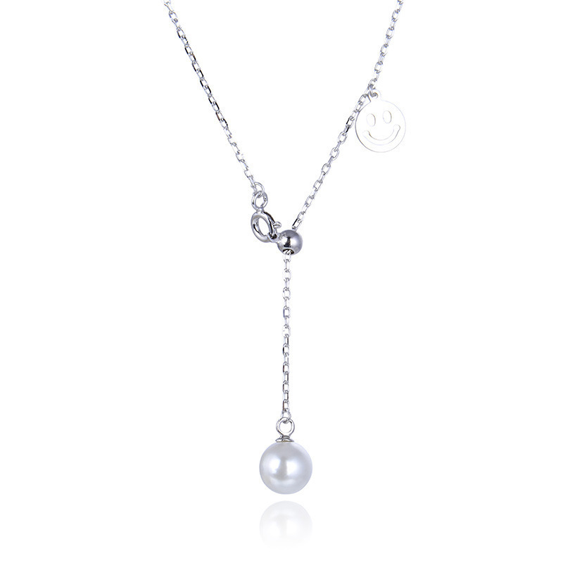 Japonés simple personalidad emoticon feliz cara sonriente colgante clavícula S925 rosa de plata dorada collar de perlas para mujeres