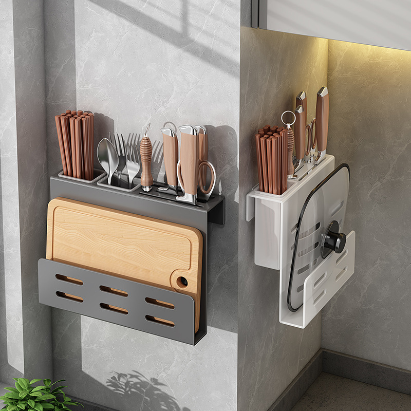 Kitchen shelf without drilling chopstick holder stainless steel home wall-mounted multifunctional knife holder chopstick bucket integrated cutting board holder