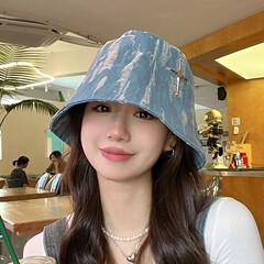 韩版磨毛做旧十字星水洗牛仔渔夫帽大帽檐时尚高级感显脸小盆帽女
