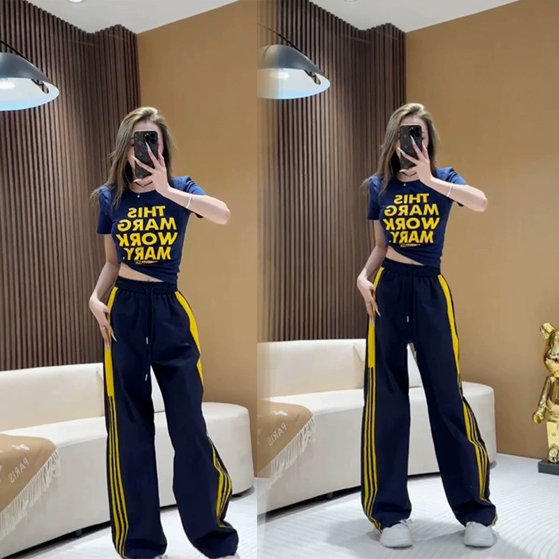 Летний спортивный костюм в стиле casual, с эффектом омоложения, темно-синий, с принтом, короткий рукав, широкие брюки, полосатые брюки, комплект из двух предметов