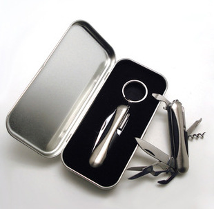 厂家直供高档广告礼品金属礼盒圆壳7开礼品瑞士军刀野营刀具礼品