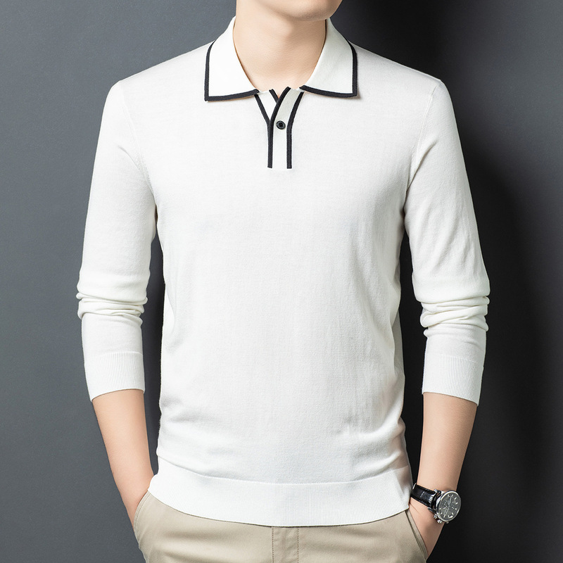 Men's Mulberry Silk Cashmere Knitwear with Lapel, Middle-Aged Dad's Classy Accessible Luxury Pure Color Long-Sleeved Polo Shirt for Men