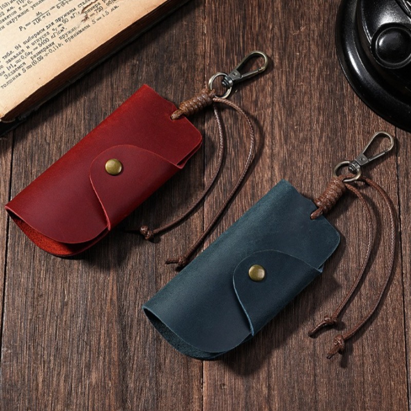 Cross-border bestseller: Crazy Horse leather key case, cowhide car key protector, home door key case, wax rope key leather cover