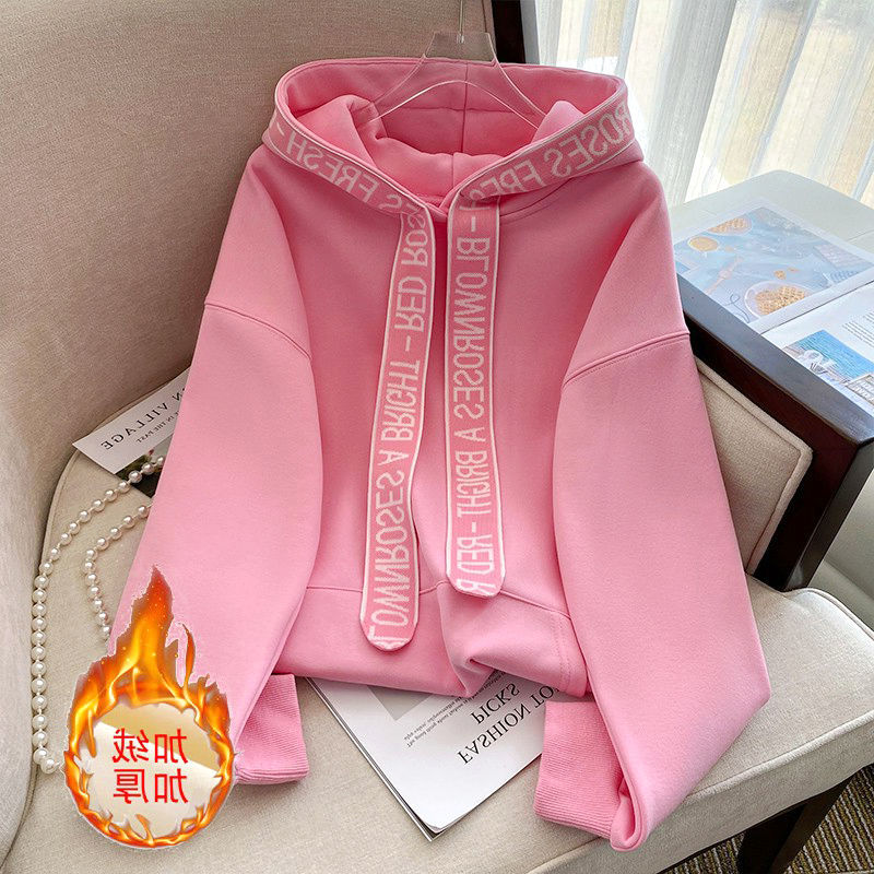 Hooded Sweatshirt Women's Autumn and Winter Fleece-lined Thickened Loose Age-reducing Top Design Sense Fruit Green Student All-match Jacket