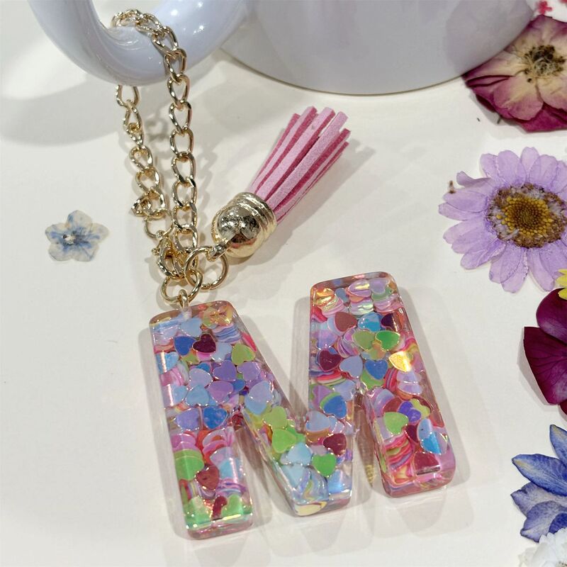 Cross-border resin letter tassel pendant shiny love drop glue English letter couple key chain Stanley accessories