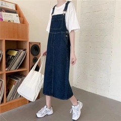 年齢を軽減し、スリムに見せるデニムサロペットスカート、韓国風ミドル丈サロペットスカート、カジュアルで多用途なワンピース、レイジースタイル