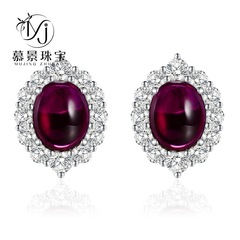 慕景珠寶 2023新款925銀滿鑽鑲嵌8*10仿真鴿血紅玉髓耳釘富婆款