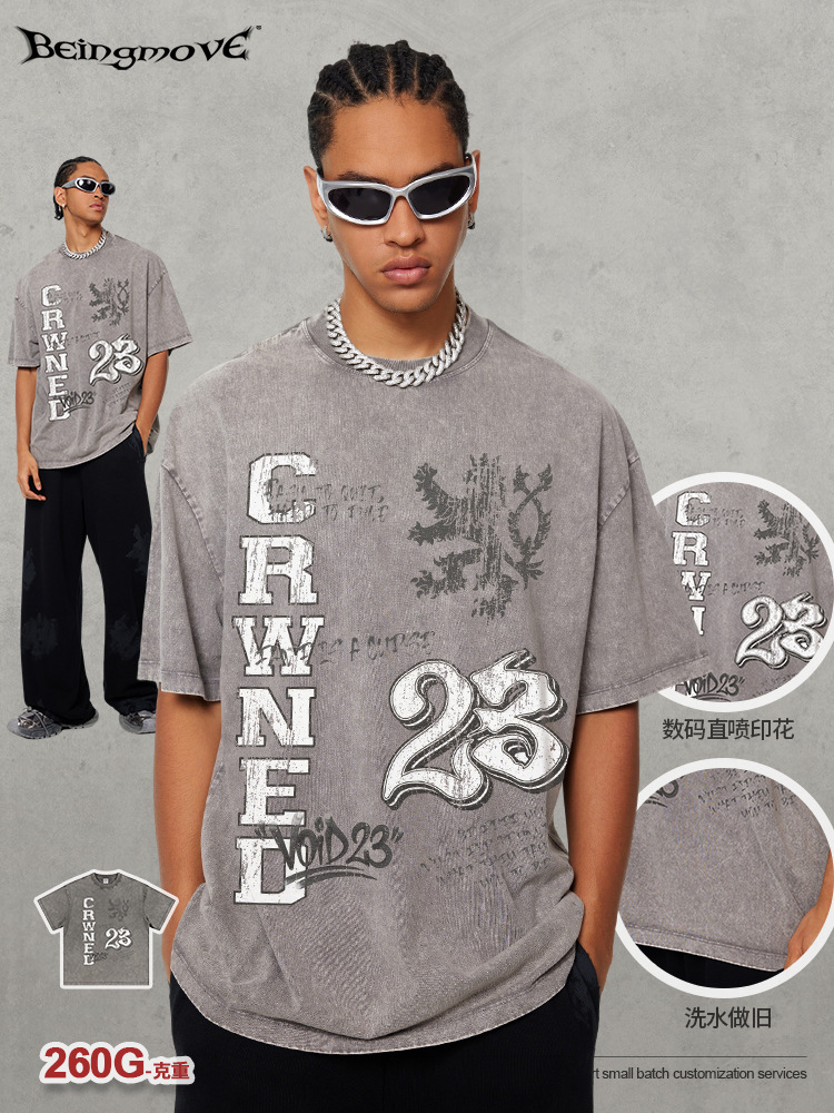 Calle secada| Retro americano viejo lavado con agua de manga corta marca de moda digital de inyección directa pesada impresión camiseta para hombres y mujeres