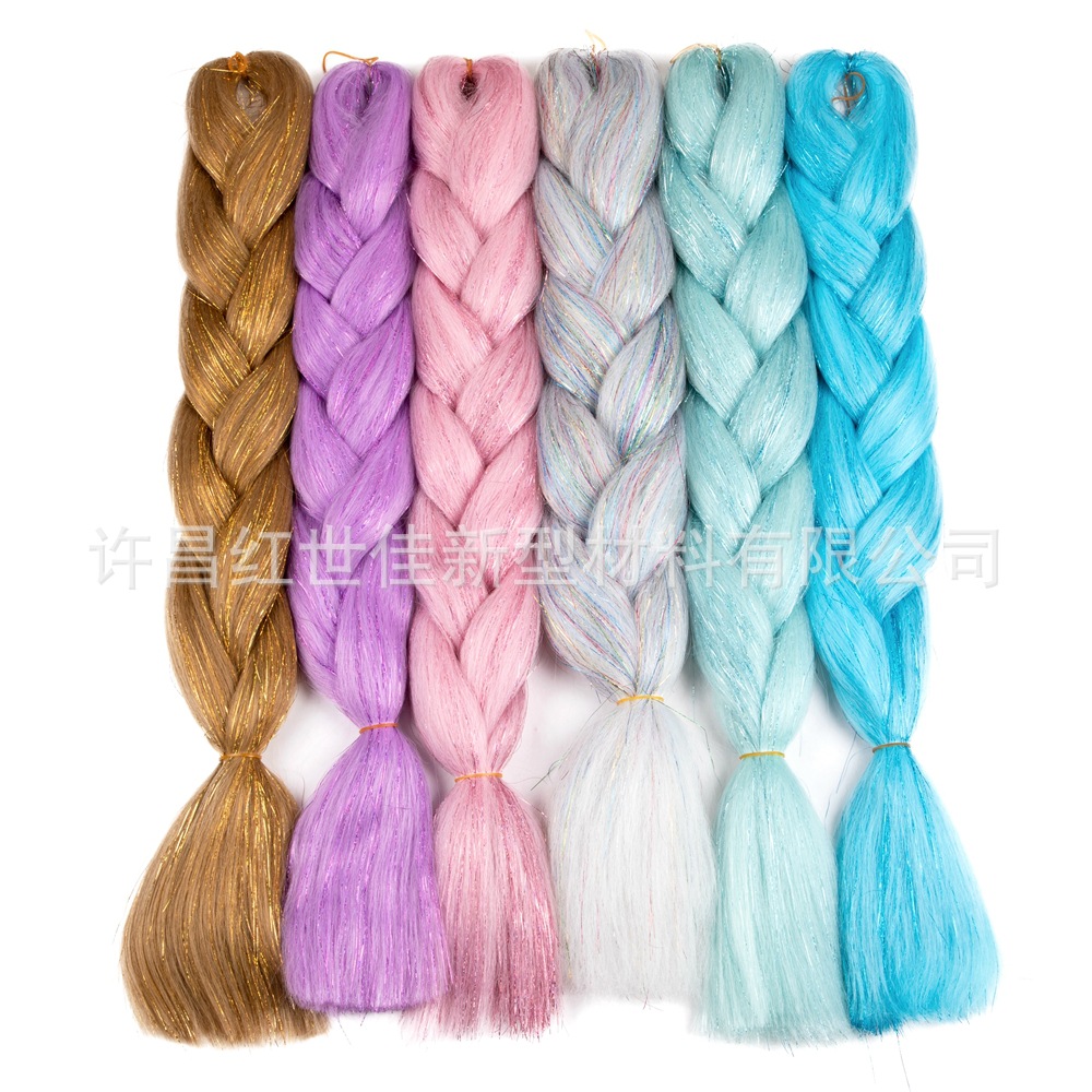 Láser colorido oro y plata seda trenza grande jumbo braiding hair con tinsel peluca de fibra química
