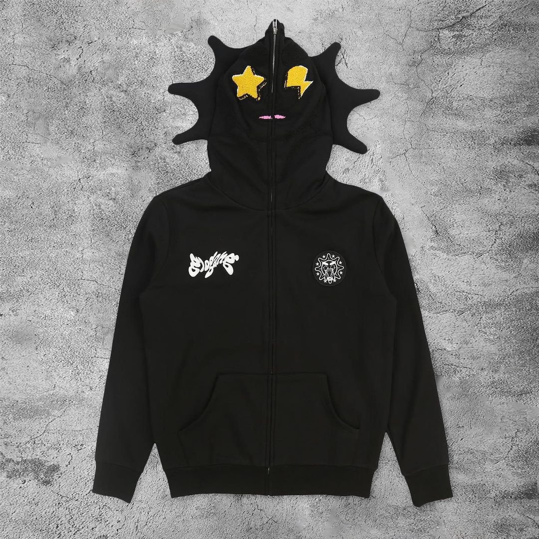Sweat à capuche zippé requin imprimé squelette style gothique_voghion.com