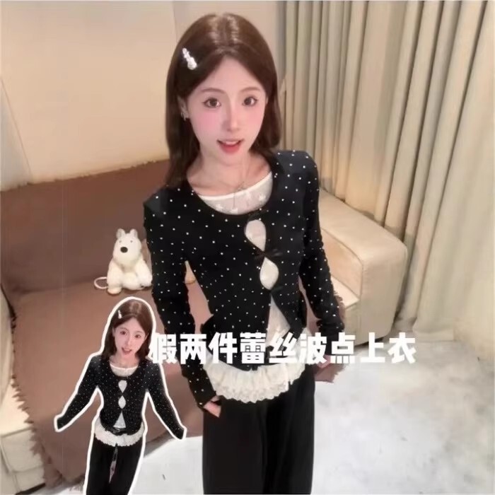 Korean-Style Elegant Lace Patchwork Polka Dot Faux Two-Piece Long-Sleeve T-Shirt for Women, Early Spring High-End Versatile Base Shirt Top Korean-Style Elegant Lace Patchwork Polka Dot Faux Two-Piece Long-Sleeve T-Shirt for Women, Early Spring High-End Versatile Base Shirt Top