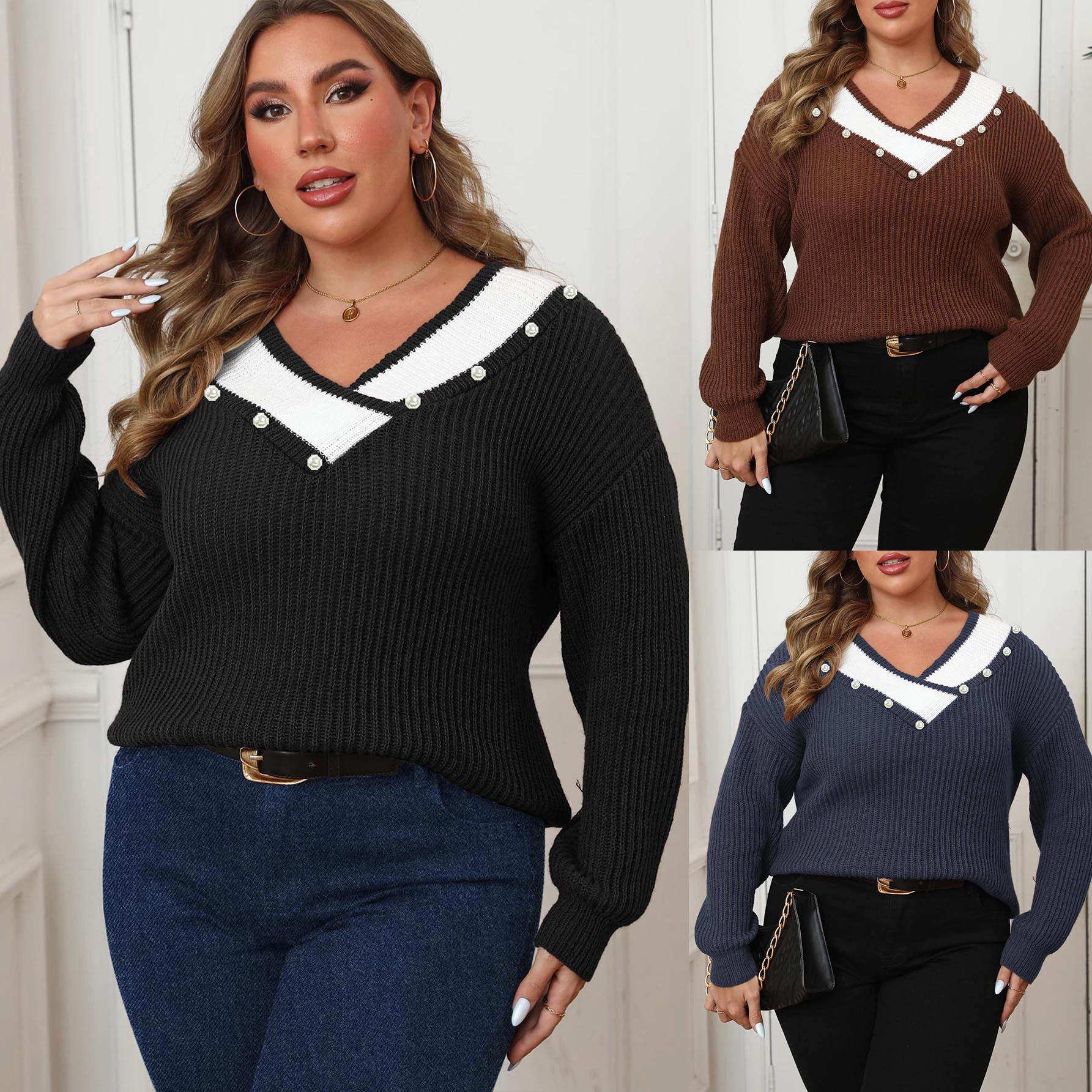 Свитер крупной вязки с имитацией жемчуга, цветными блоками и V-образным вырезом, свободного кроя, для женщин больших размеров, в европейском и американском стиле.