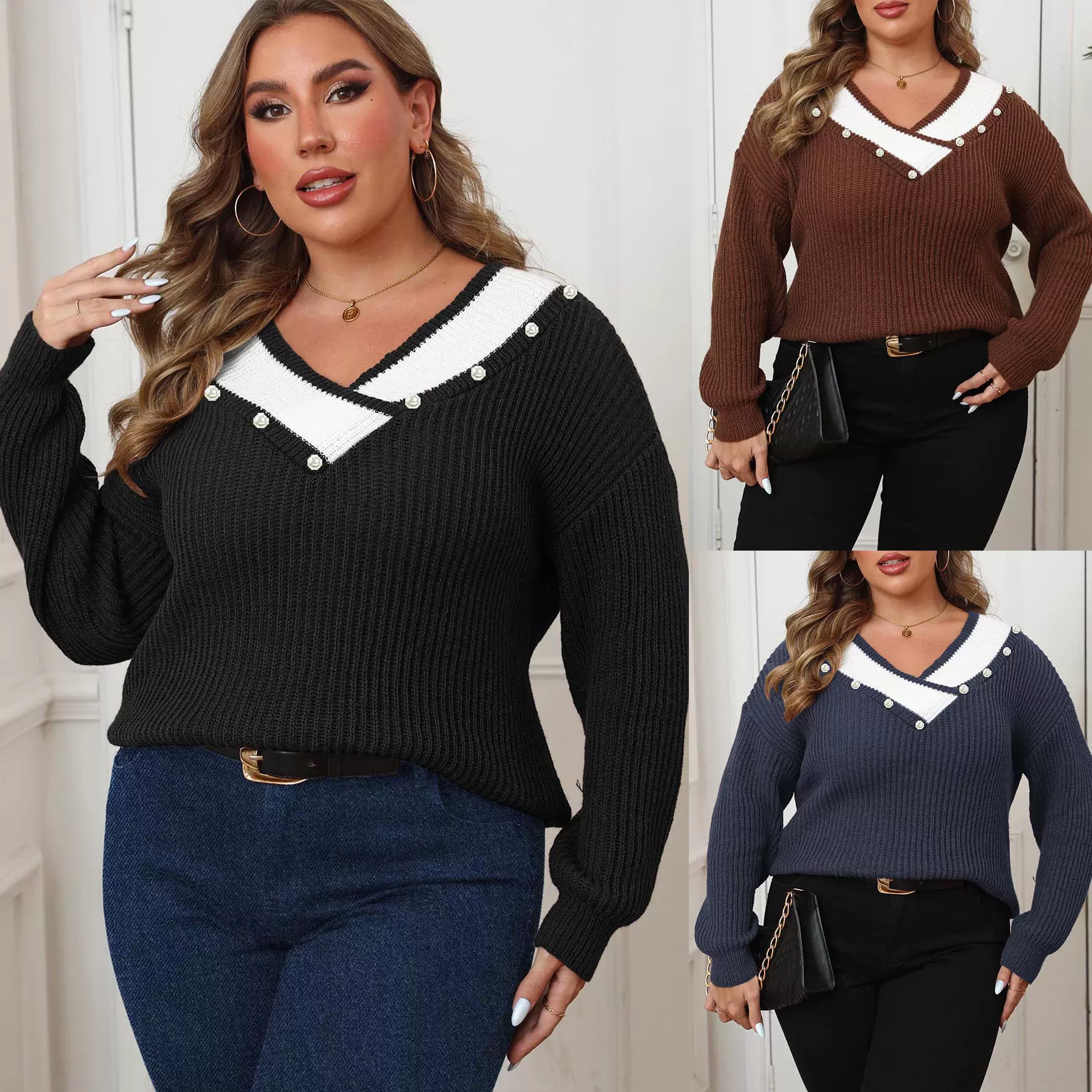 仿珍珠钉珠上衣跨境欧美大码女装撞色拼接大V领宽松机织毛衫毛衣