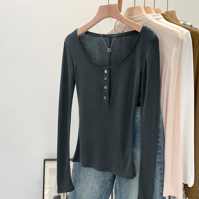 2026 Early Spring European Hot-Selling Slim-Fit Henley Base Shirt for Women, Chic Sweet and Spicy Style Long-Sleeve T-Shirt