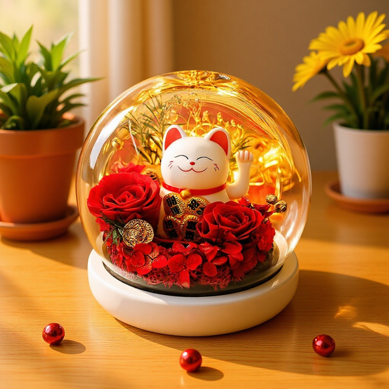 招财猫永生花摆件礼品情人节创意礼物玻璃罩玫瑰花生日礼物送闺蜜|undefined