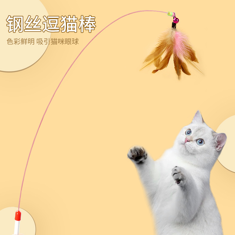 猫のおもちゃ釣り猫の棒猫の羽のおもちゃ猫のおもちゃ高靭性2色の羽の鋼線の猫の棒6|undefined
