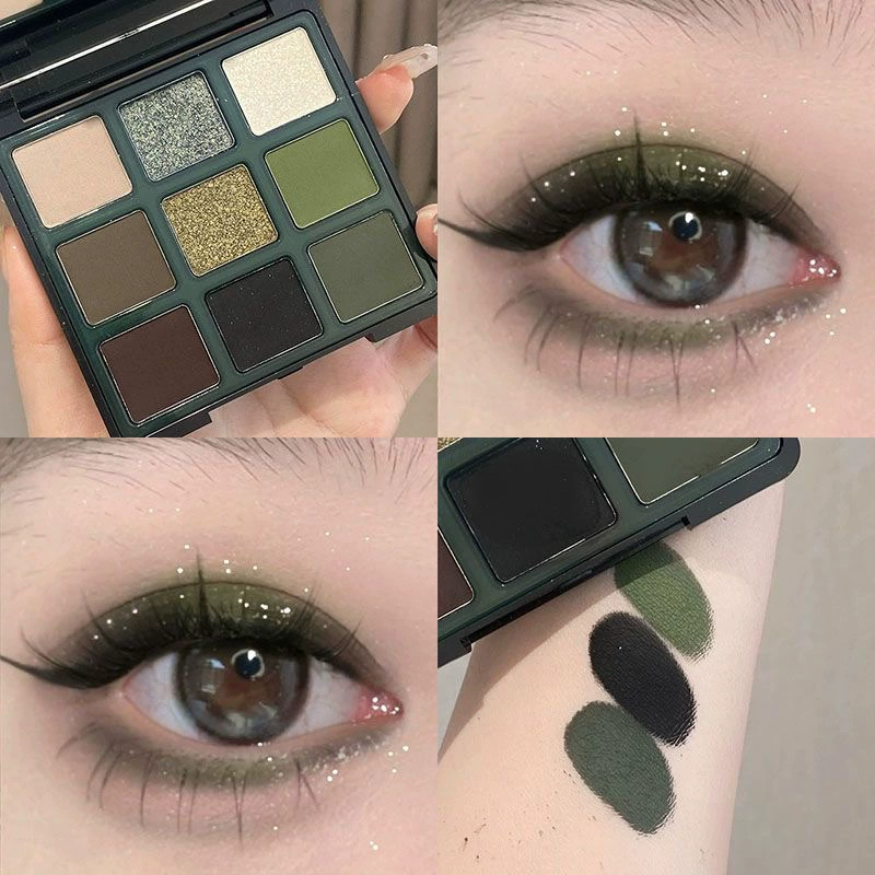 Eyeshadow palette 9-color cat eye, green matte and shimmer shades, compact mirror case