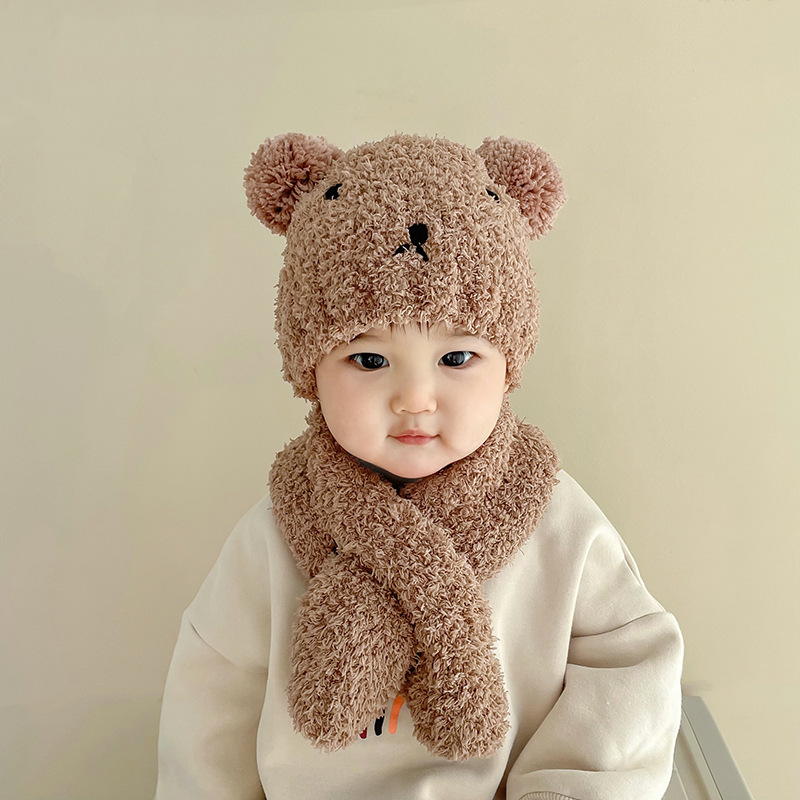 韩国儿帽子围巾套装冬季婴幼儿刺绣小熊毛绒帽潮款保暖宝宝护耳帽|ms