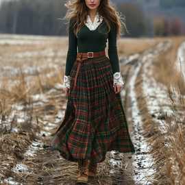 跨境欧美女装秋冬格纹大摆长裙复古V领长袖田园风连衣裙