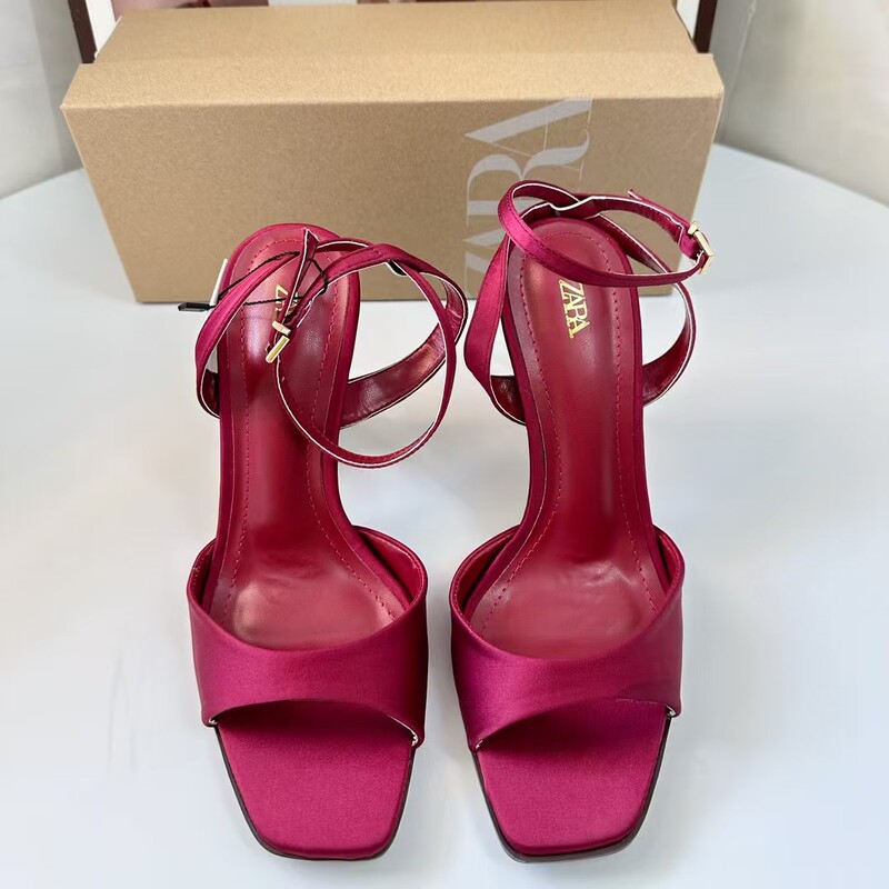 Za Home 2025 New Women's Shoes Burgundy Stiletto Elegant Ankle Strap High Heels Square Toe Open Toe Strap Sandals