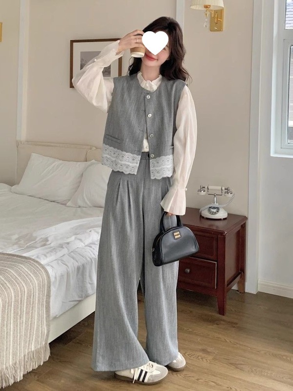 灰色风蕾丝拼接马甲阔腿裤两件套女2025春季韩系复古气质穿搭|undefined